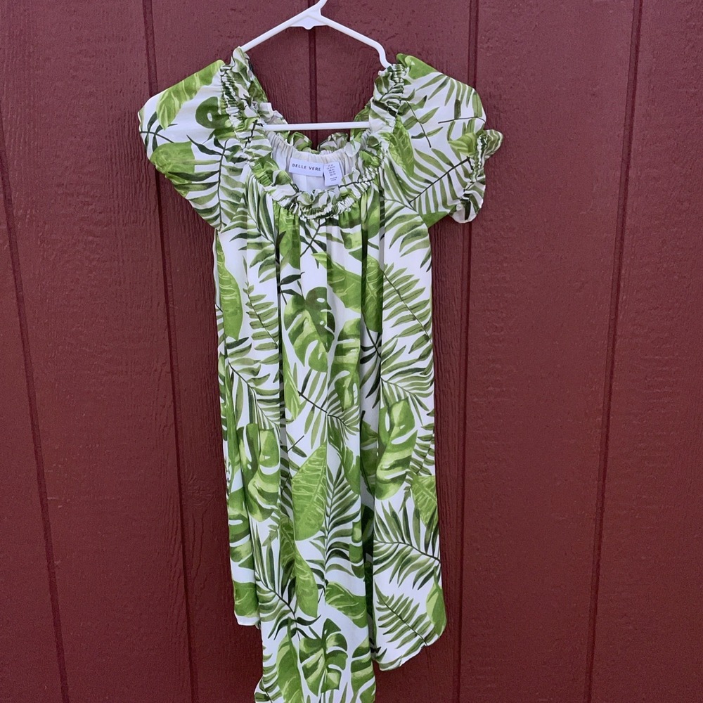 Belle Vere Flowy Green  & White Tropical Palm Print Pullover Lined  Dress XS